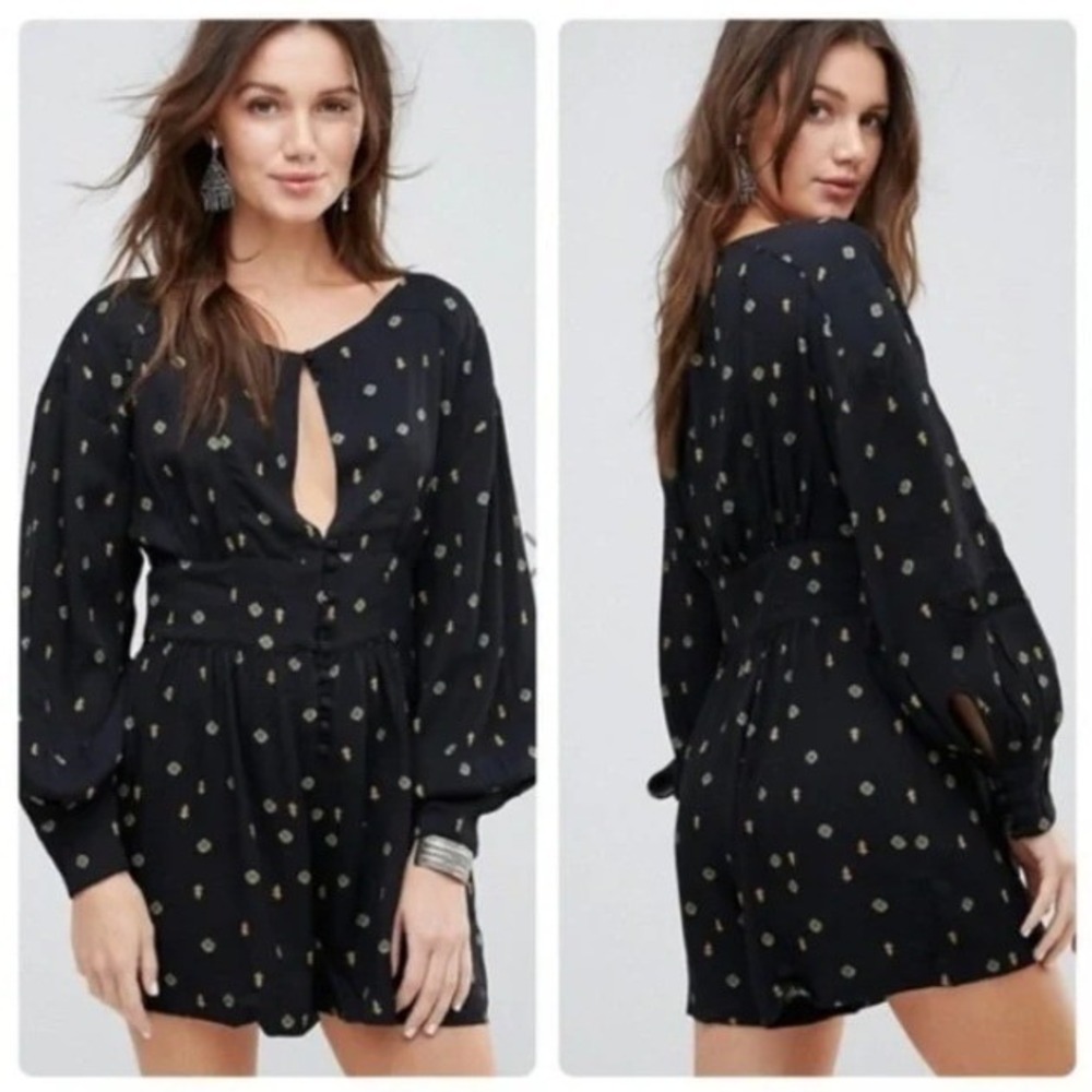 Free People Black Love Grows Long Sleeve‎ Keyhole Romper Garden Print S